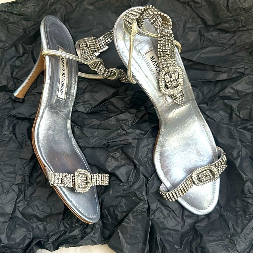 Vintage Manolo Blahnik silver/rhinestone strap heels, size 39 1/2